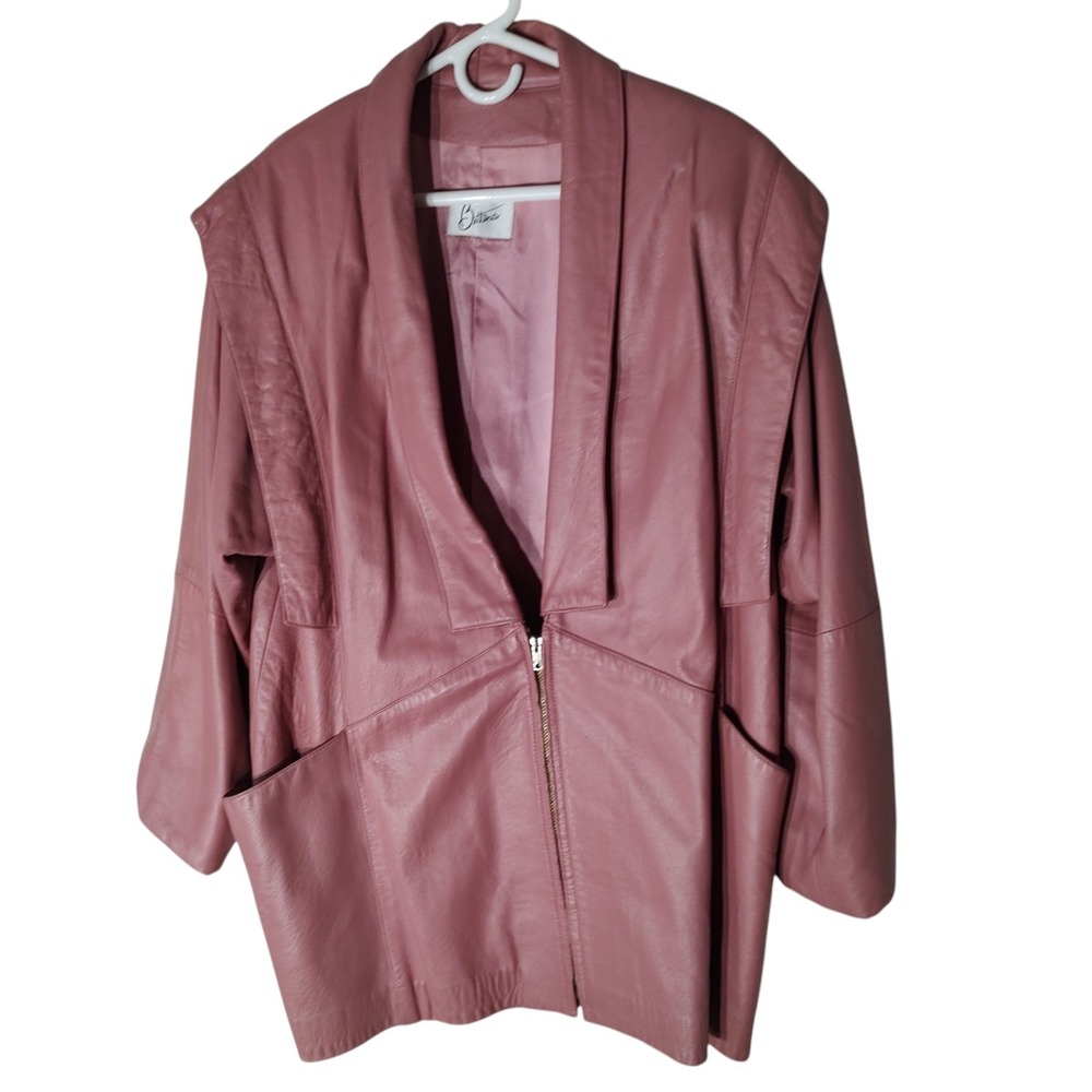 Vintage Bettina Pink Leather‎ Jacket Zip Front Collared Womens Large 1980s READ